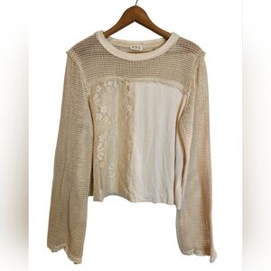 POL Cream Crochet Lace Patchwork Cropped Long Sleeve Top • Size Large